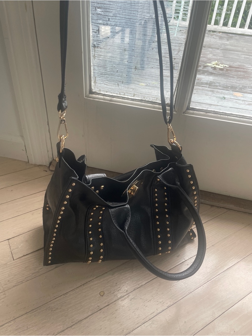 Black Stud-Trim Leather Tote Bag with Gold Hardware